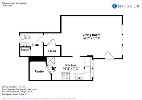 Floor plan for studio, 1 bath, 572 sqft